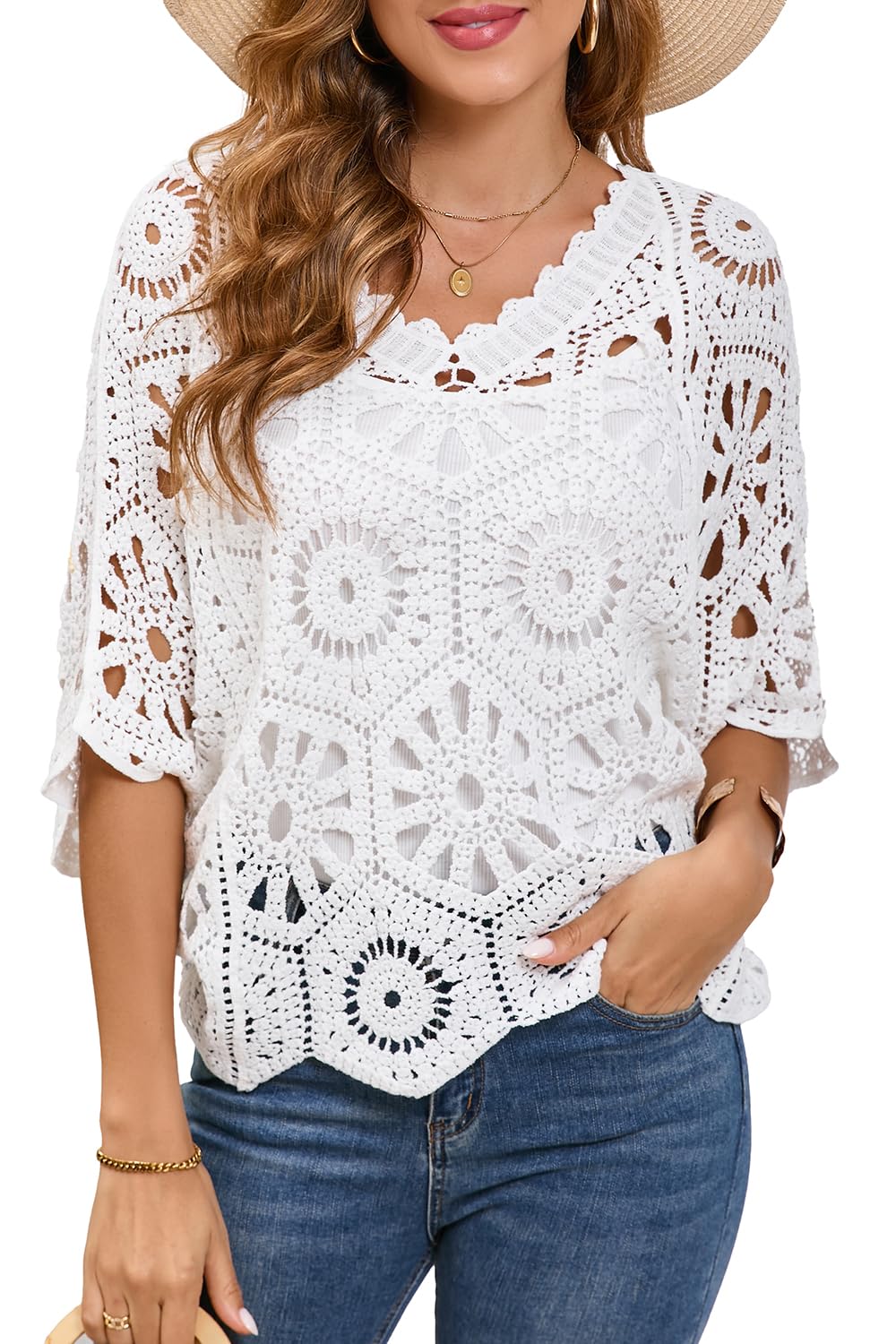 Womens Crochet Tops Boho Hollow Out V-Neck Pullover Lace Cove Up