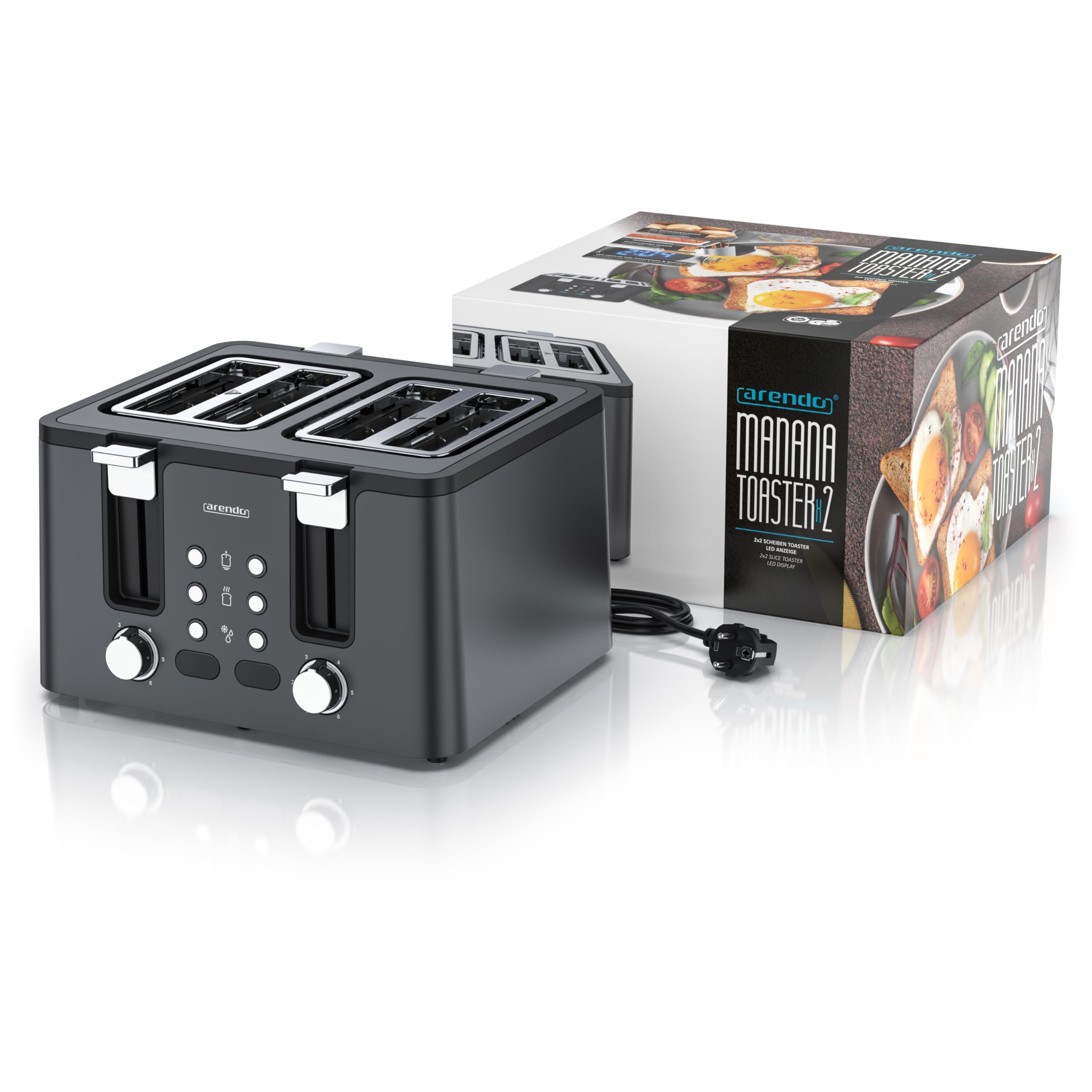 Arendo - Toaster 4 Scheiben Edelstahl - mit Brötchenaufsatz - 4 Schlitze - LED Anzeige Restzeitanzeige – Doppelwandgehäuse - Defrost Funktion - Krümelschublade - 6 Bräunungsgrade - Cool Grey Design