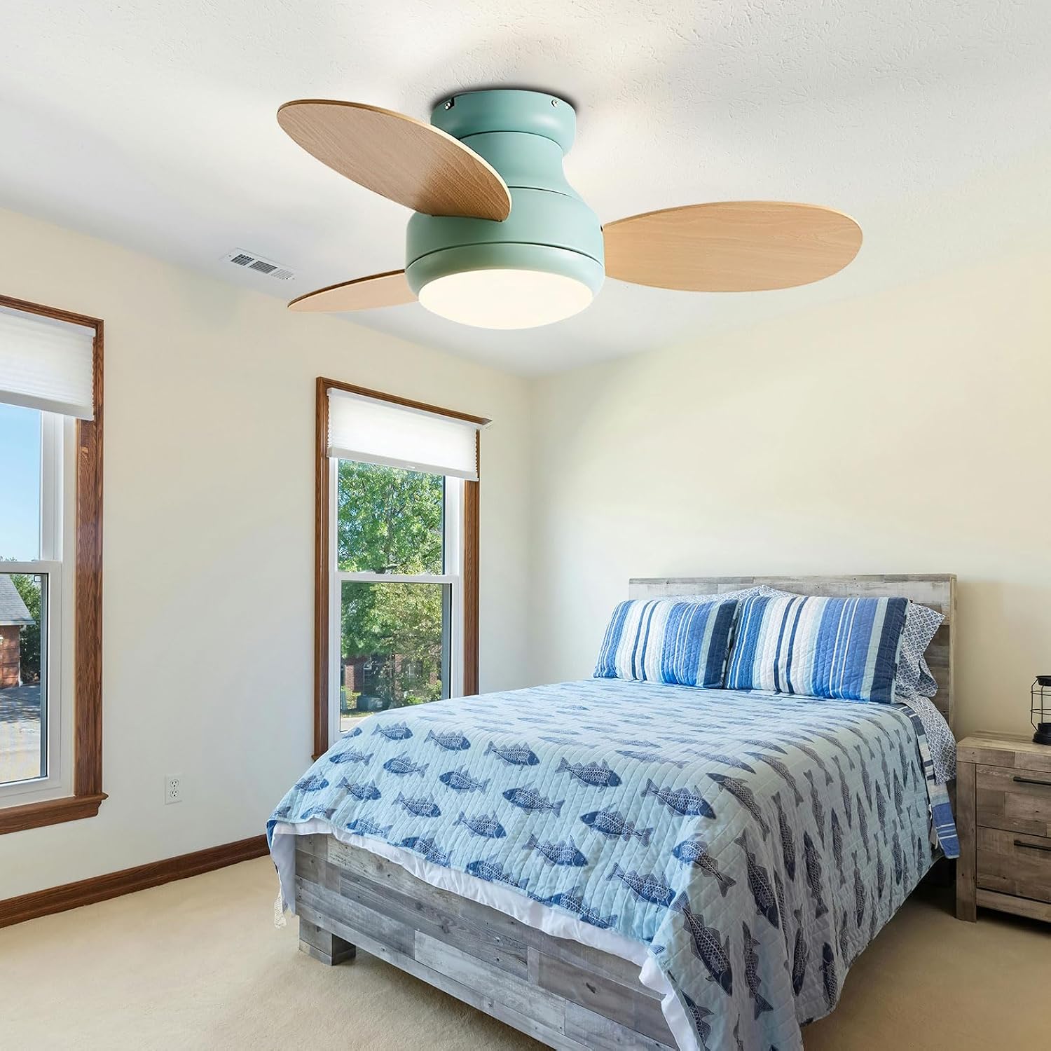 Modern Ceiling Fans with Lights Indoor Quiet Ceiling Fan 6 Speeds, 3 Blades 24W LED Ceiling Fan Light with Remote and Wall Switch for Bedroom Living Room Dining Room