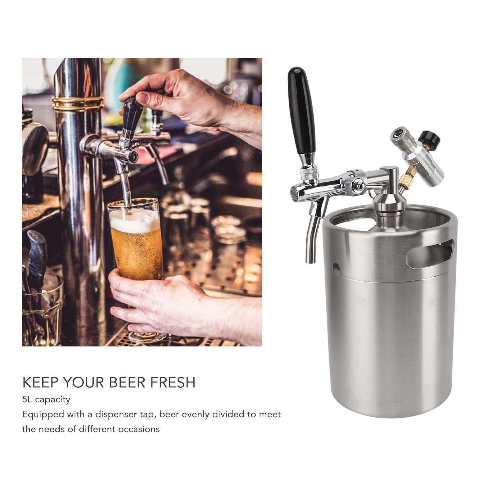 5L Mini Barril de Cerveza Inoxidable, Keg Growler con Grifo Ajustable | Portátil con Sistema de Dispensador a Presión y Regulador de Presión de 60PSI para Cerveza Casera, Artesanal y de Barril