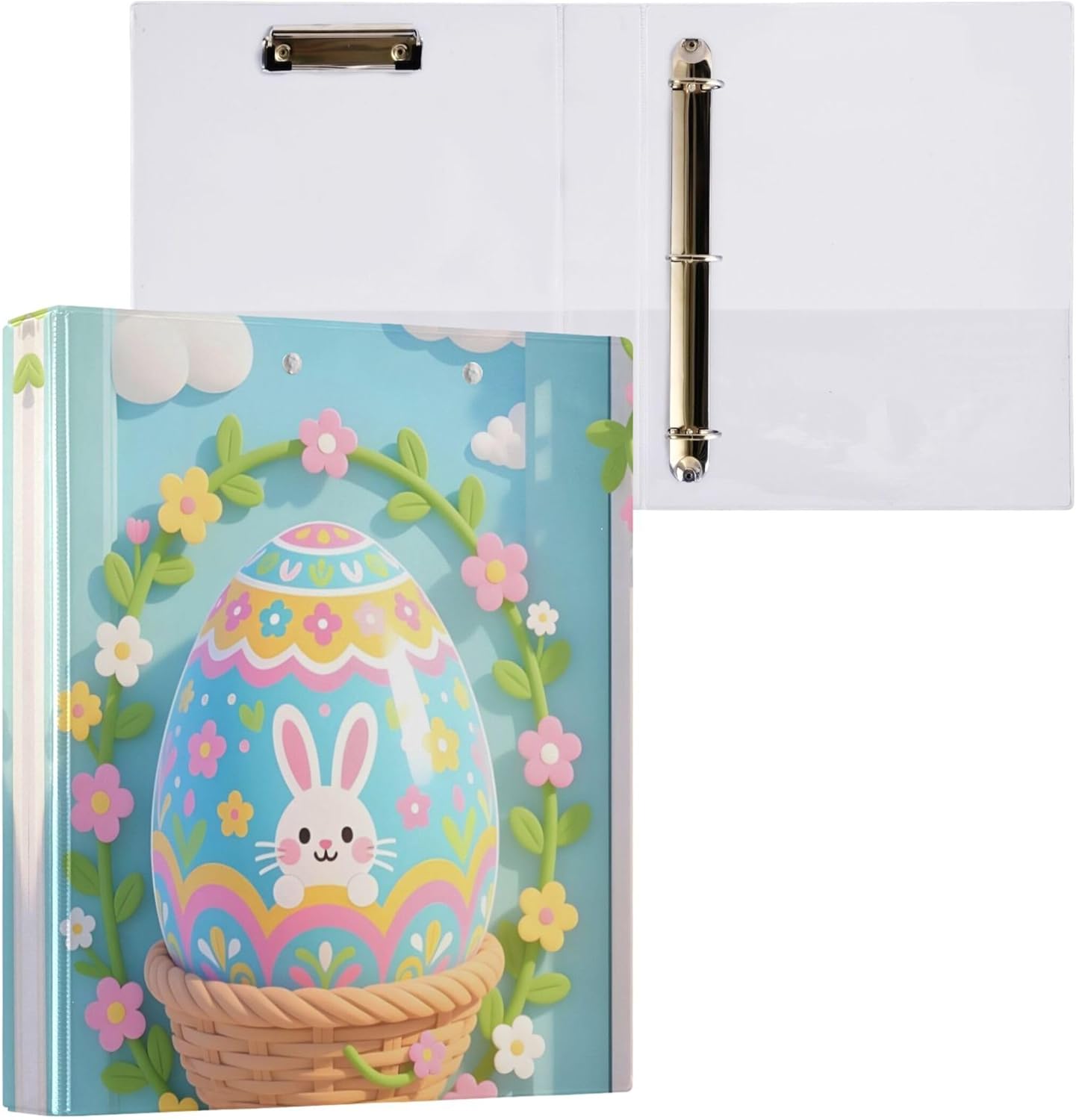Happy Easter Eggs 3 Ring Binders, 1.5” Round Ring Binders with Clipboard - Letter Size, 3 Interior PVC Clear Pockets & Anti-Slip Clip for Office School Supplies, 2PCS