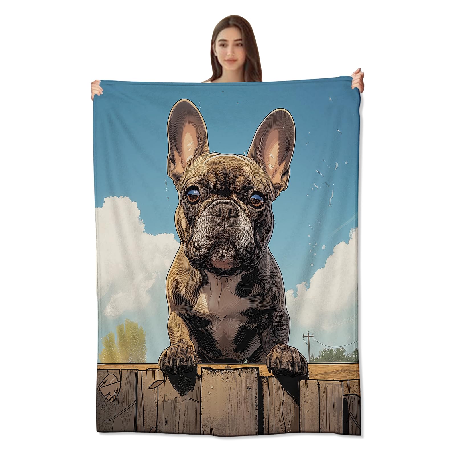 amepay Over-The-Fence French Bulldog Blanket Cute Soft & Cozy Flannel Fleece Throw Blankets - Lightweight, Warm, Plush - Perfect for Couch, Bed,