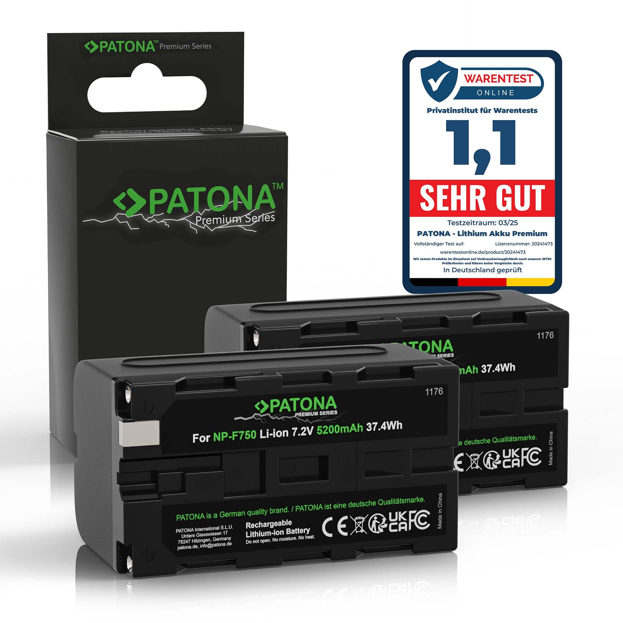 PATONA 2X Premium NP-F750 Akku 5200mAh – Ersatz für Sony NP-F750 NP-F550 NP-F970 – für Sony Camcorder, LED-Videoleuchten (Yongnuo, Neewer, Aputure, Viltrox), Kamera-Monitore – Doppelpack fürs Set