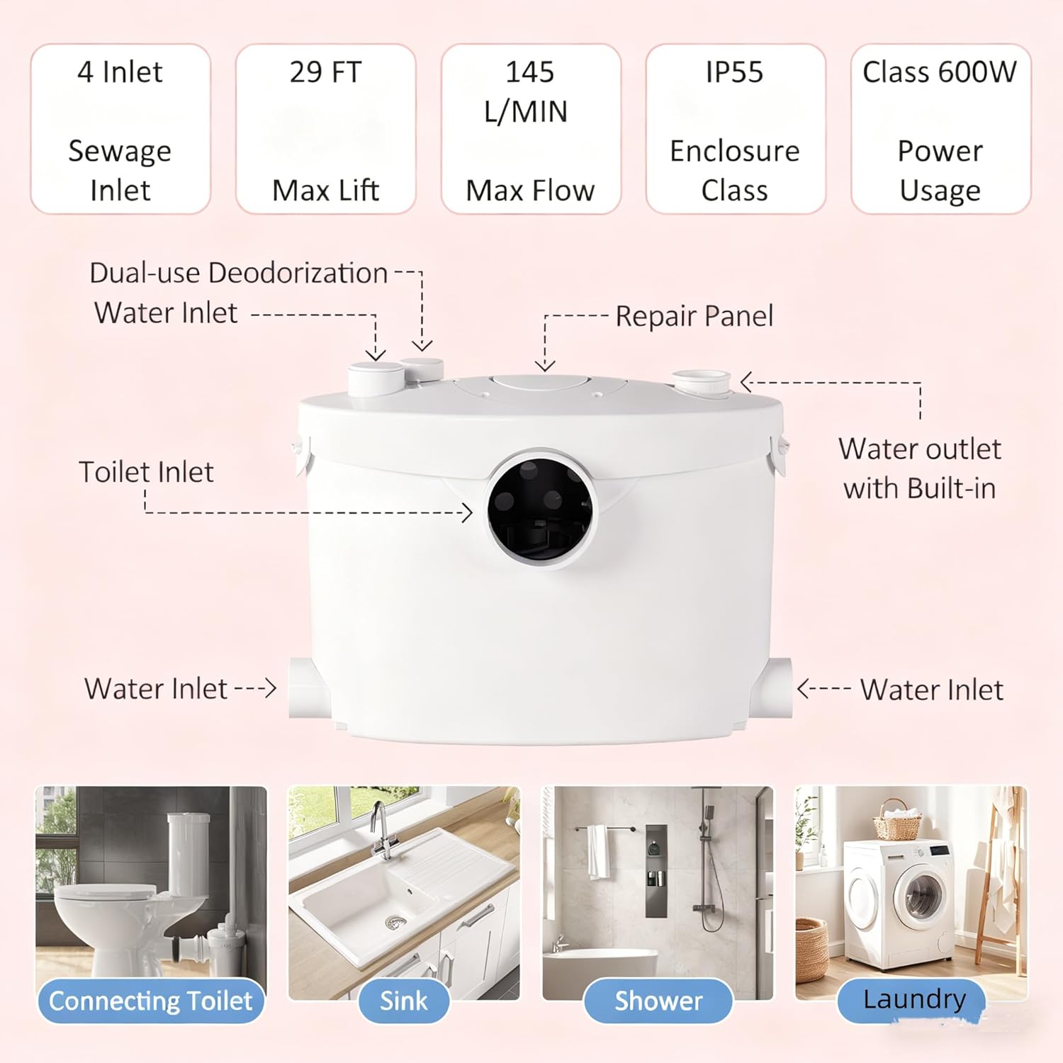 600w Macerating Toilet System | Macerator Pump Toilets with 4 Water Inlets, White Two-piece Upflush Toilet for Basement, Including Extension Tubes,Quiet Operation