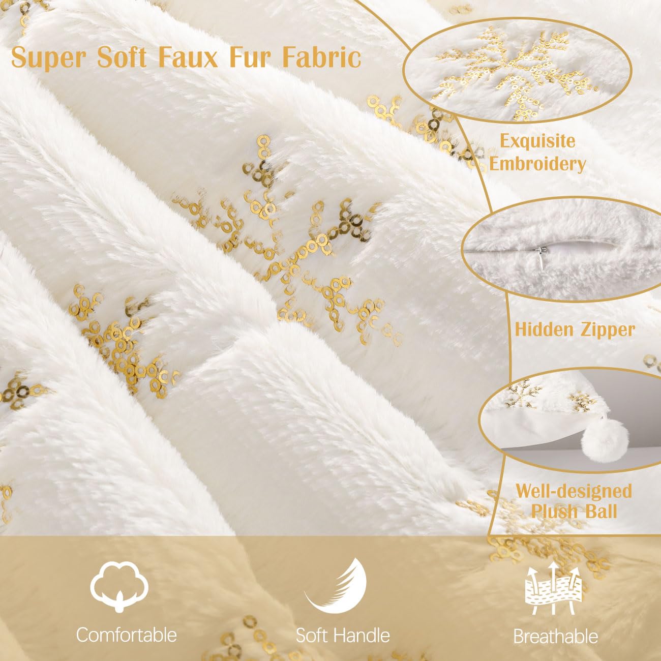 Set 2 Federe Cuscino Natalizie In Velluto 45x45 Cm, Ricami Fiocchi Di Neve Oro E Argento, Grigio