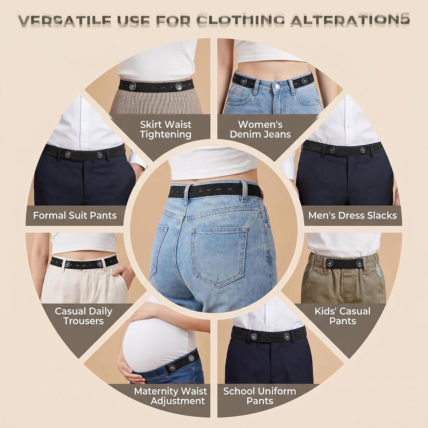 TUPWELY 6 Pcs Adjustable Waist Tightener for Jeans with Buttons & Threader | Discreet built-in elastic delivers snug custom fit, washable and reusable for jeans slacks skirts without costly tailoring.