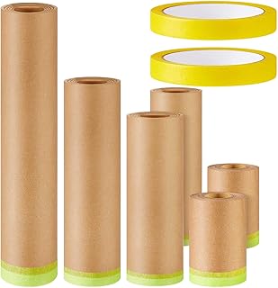 Leinuosen 8 Rolls Masking Tape Sets Includes 6 Assorted Sizes Paint Masking Paper and 2 Vehicles Auto Body Paint Tape Yellow Adhesive Painter Tape Automotive Tape for Car, Furniture, Floor