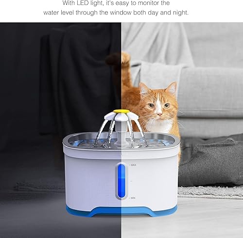 Miniatura 5 de Fuente de agua para gatos de acero inoxidable, fuente automática de agua para mascotas de 84 onzas2.5 L, ventana de nivel de agua y luz LED para