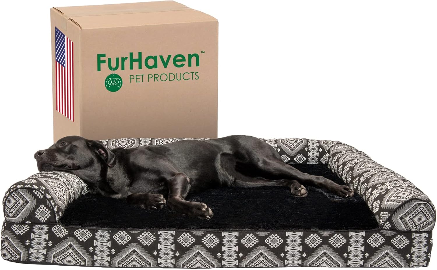 Furhaven Orthopedic Dog Bed for Large Dogs w/ Removable Bolsters & Washable Cover, For Dogs Up to 125 lbs - Plush & Southwest Kilim Woven Decor Sofa - Black Medallion, Jumbo Plus/XXL