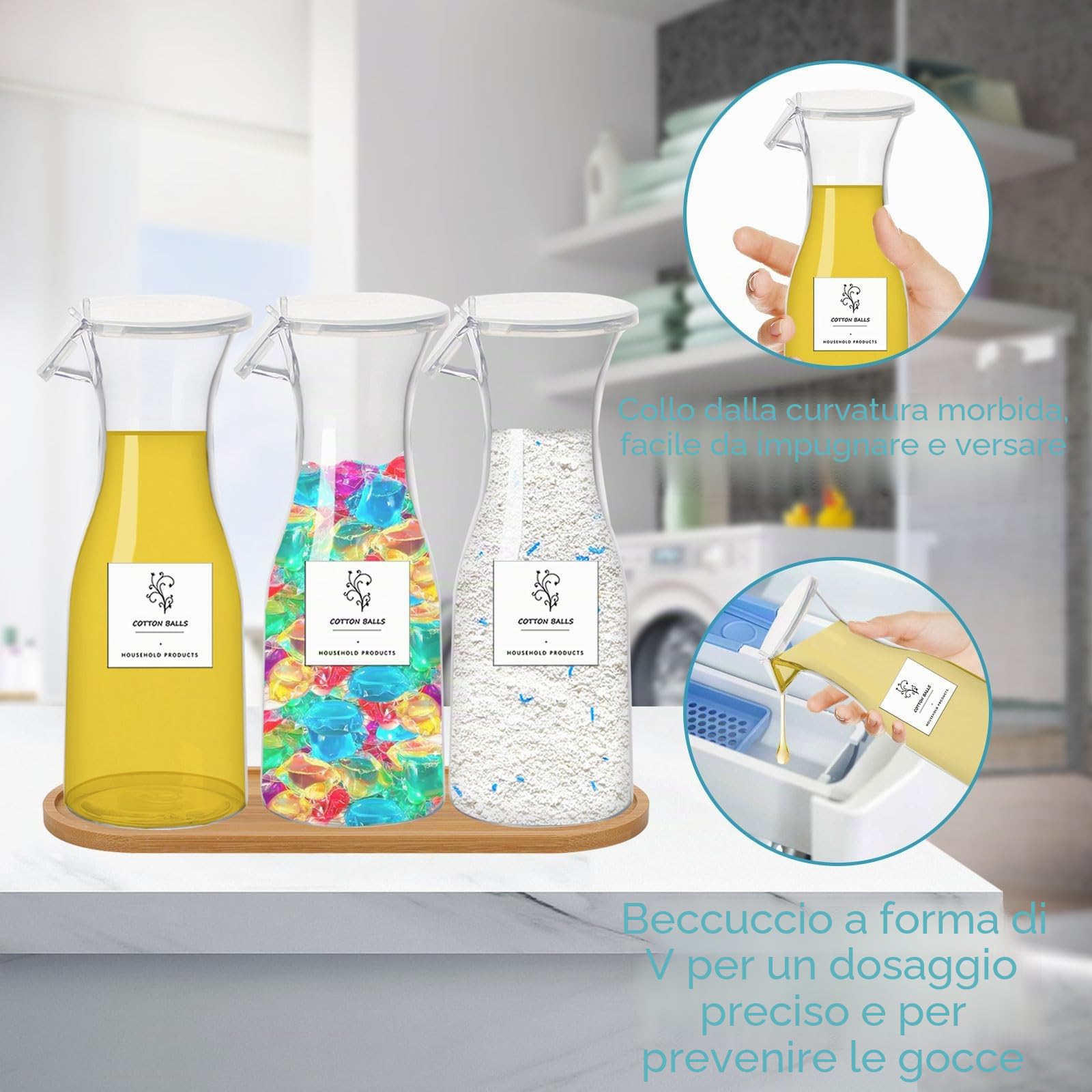 3 Pezzi Contenitore per Detersivo, Dispenser Detersivo Lavatrice 1,5L, Contenitore Detersivo Polvere Plastica PET, Scatola Trasparente Ammorbidente Detersivo per detersivi liquidi e perle profumate