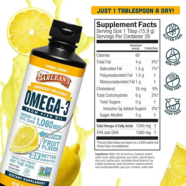 Barlean's Omega 3 Fish Oil Liquid Supplement for Men and Women, 1080mg of EPA and DHA Fatty Acid, Promotes Brain & Heart Health - Non-GMO, Lemon Crème, 16 oz 6