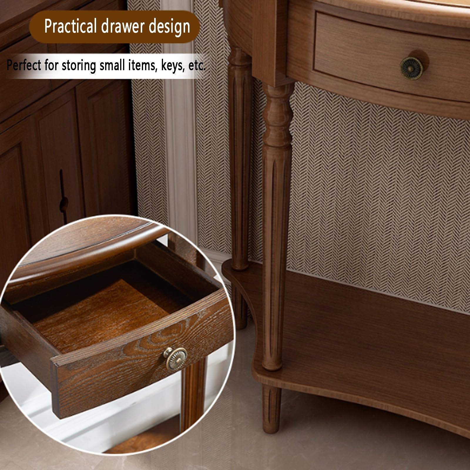 Stół konsolowy w stylu retro Half Moon z litego drewna z szufladą do przechowywania, półokrągły design, do salonu, zaokrąglone rogi, wiśniowe wykończenie, 80 x 35 x 80 cm