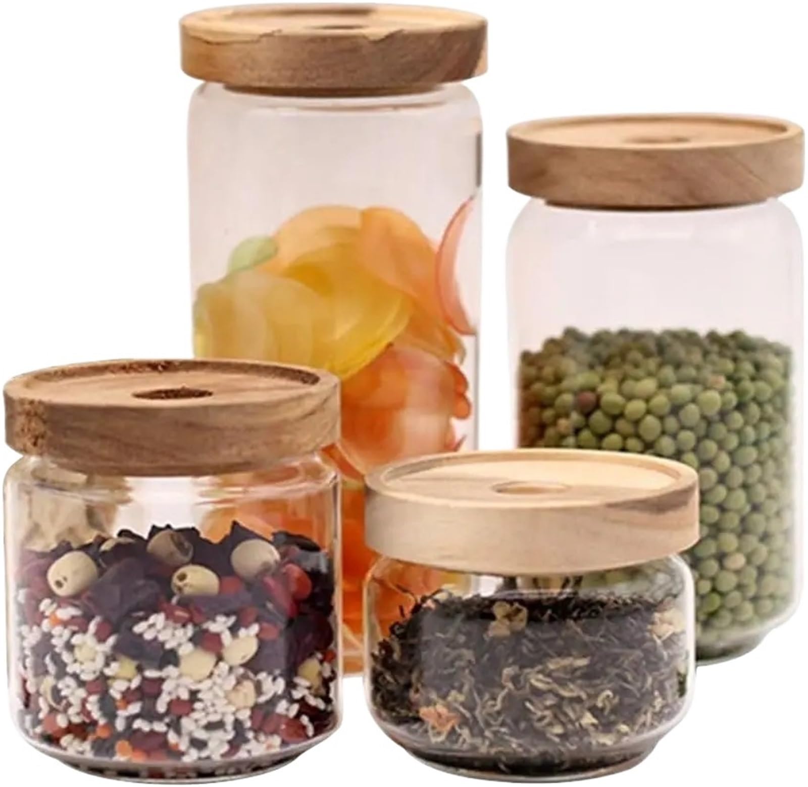 Tarro De Caramelos Juego de 4 tarros de Cristal for Dulces, tarros de Cocina for Almacenamiento, Botes con Tapa de Madera hermética for café, té y Dulces para Guardar Caramelos