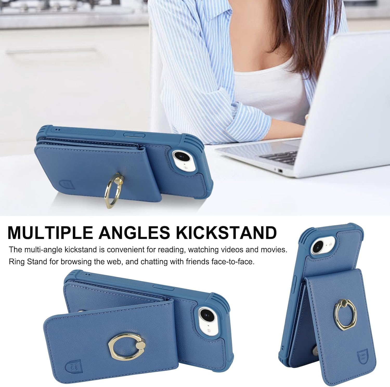 VANAVAGY Compatible for iPhone 16e/17e Wallet Case for Women Men, PU Leather Magnetic Clasp Flip Phone Case Cover with RFID Blocking Credit Card Holder Ring Holder Coin Pocket,Blue