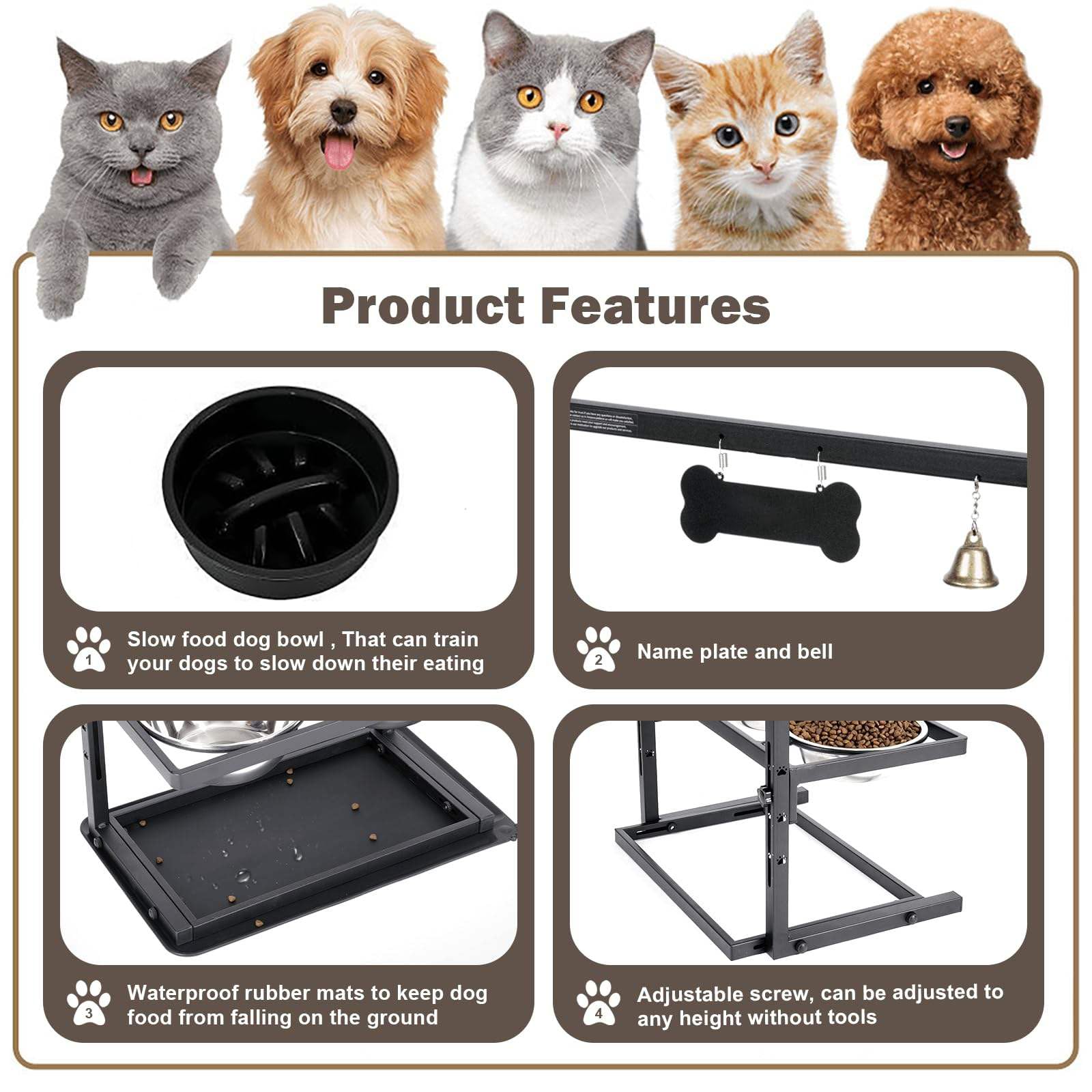 Gamelle surélevée pour chien, gamelles surélevées réglables en hauteur à 7 degrés, support de gamelles surélevées inclinées à 10° avec tapis anti-déversement, deux gamelles d'eau en acier inoxydable