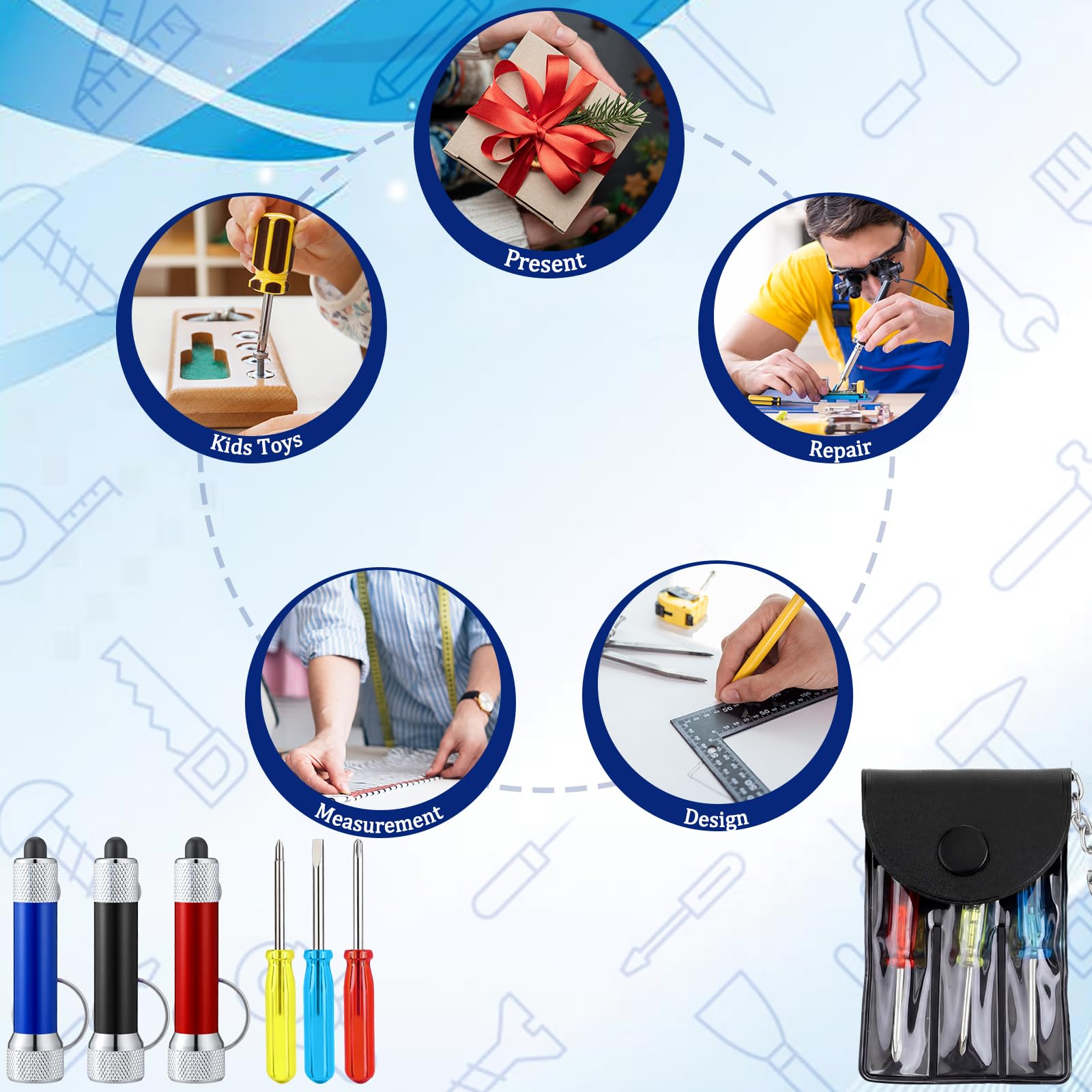 Jutom Set di 96 mini torce a LED, portachiavi, mini cacciavite, set per adulti, regalo per papà, uomini, marito, vicino, (blu, nero, rosso)