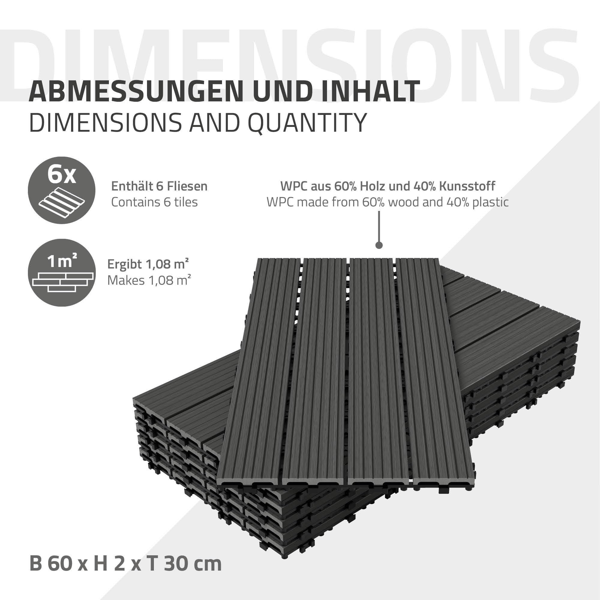 ECD Germany Dalles Terrasse Clipsables WPC 60x30 cm/12 pièces=2m² Anthracite Strié Aspect Bois Panneaux avec Système à Clic et Drainage Revêtement de Sol Carrelage Lames Patio Jardin Extérieur
