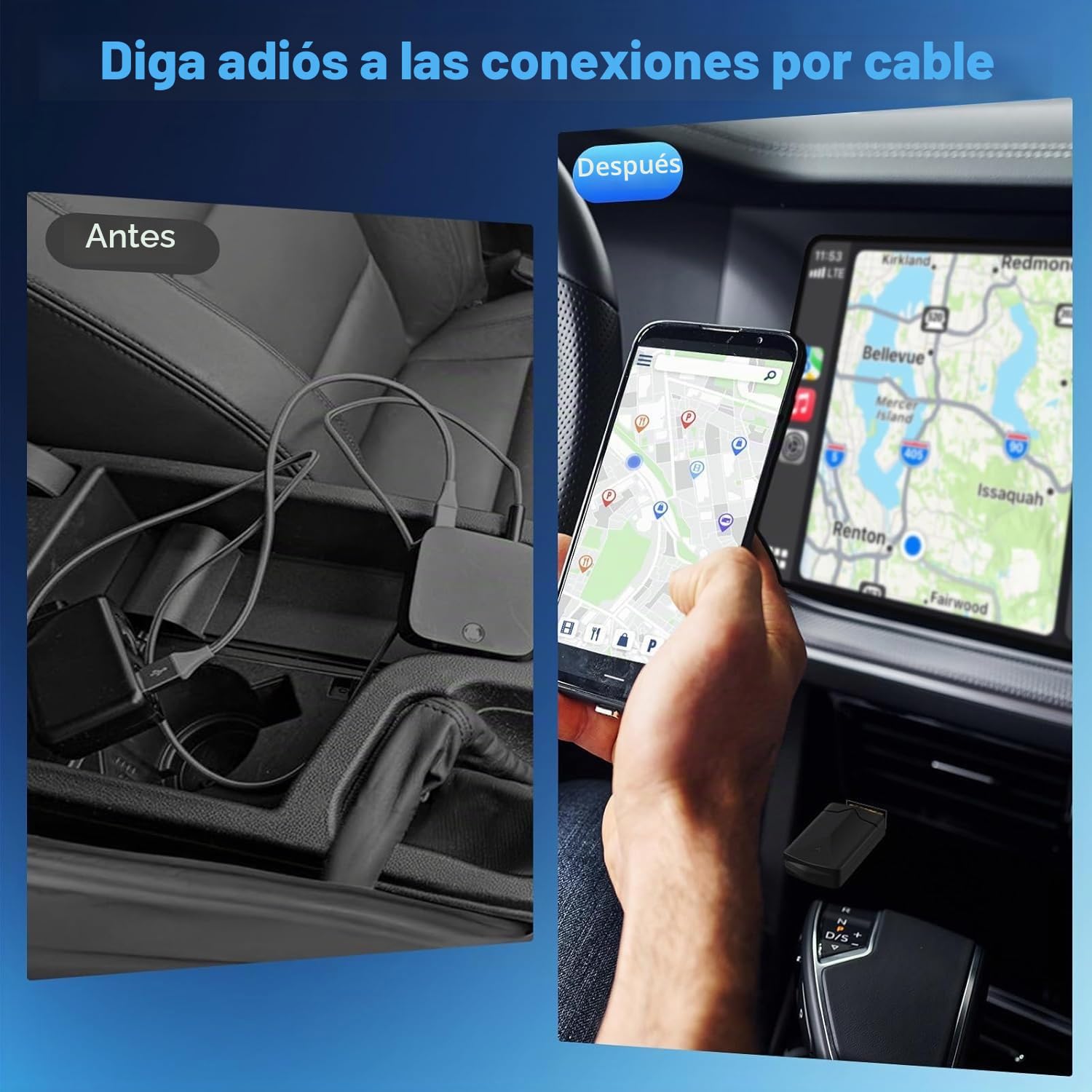 Adaptador Inalámbrico 2 en 1 para CarPlay y Android Auto, Convierte Conexión por Cable a Inalámbrica, Fácil de Conectar y Usar, USB C/A, Mini y Estable, Compatible con iOS 10+ y Android 11+
