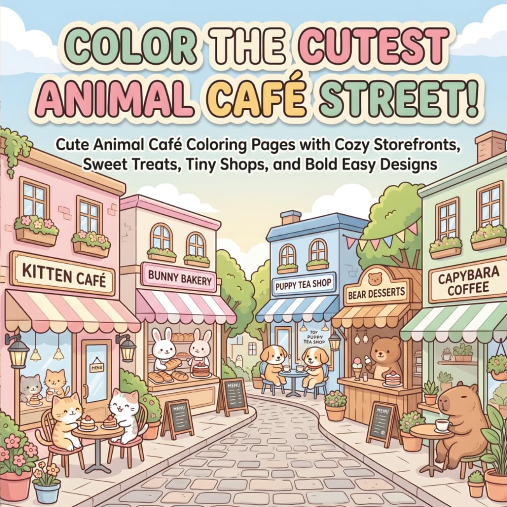 Color the Cutest Animal Café Street!: Cute Animal Café Coloring Pages with Cozy Storefronts, Sweet Treats, Tiny Shops, and Bold Easy Designs for Kids, Teens, and Adults