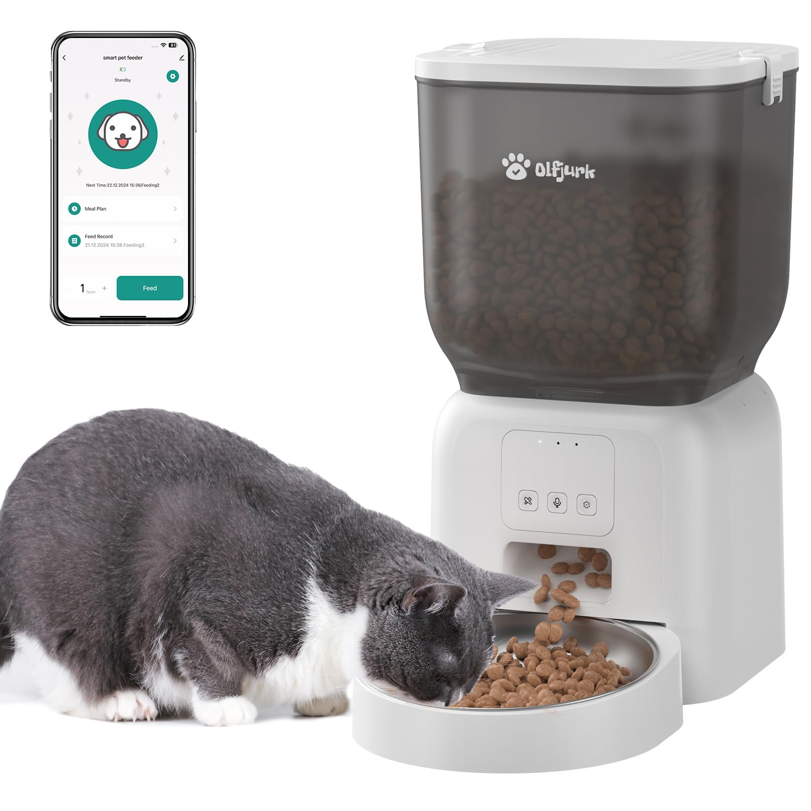 Remote Controlled Automatic Dog & Cat Feeder, APP Controlled,with Freshness Preservation, Timed Cat Feeder with Stainless Steel Bowl. 4L Capacity Up to 6 Meals Per Day and 1-15 Portion for Pets（White）