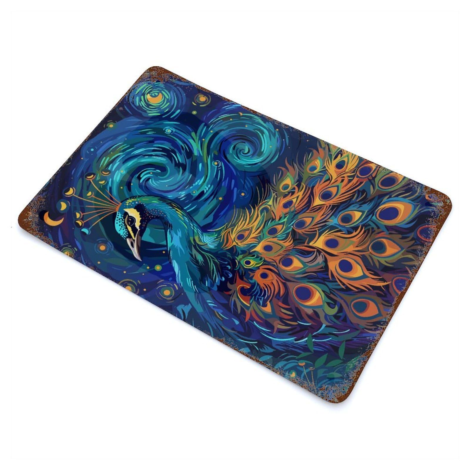 Peacock in Starry Night Style 11.8"x7.9" Vintage Metal Tin Sign, Retro Wall Decor for Basement, Hobby Room And Garage Decor