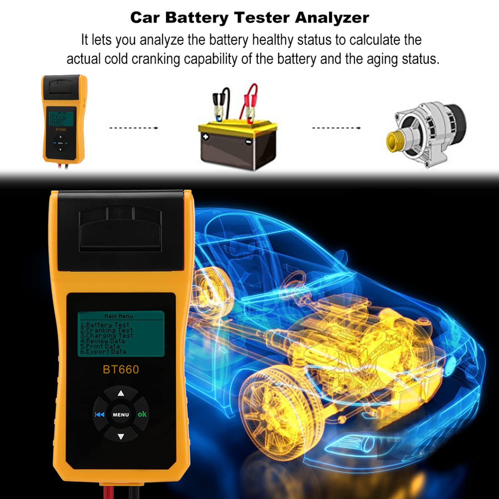 Cryfokt Tester Batteria Auto 12V, Analizzatore Batteria Digitale Auto con Stampante Integrata per Batterie Al Gel AGM Normali, Supporto Multilingue, capacità di Carico 100-3000 CCA