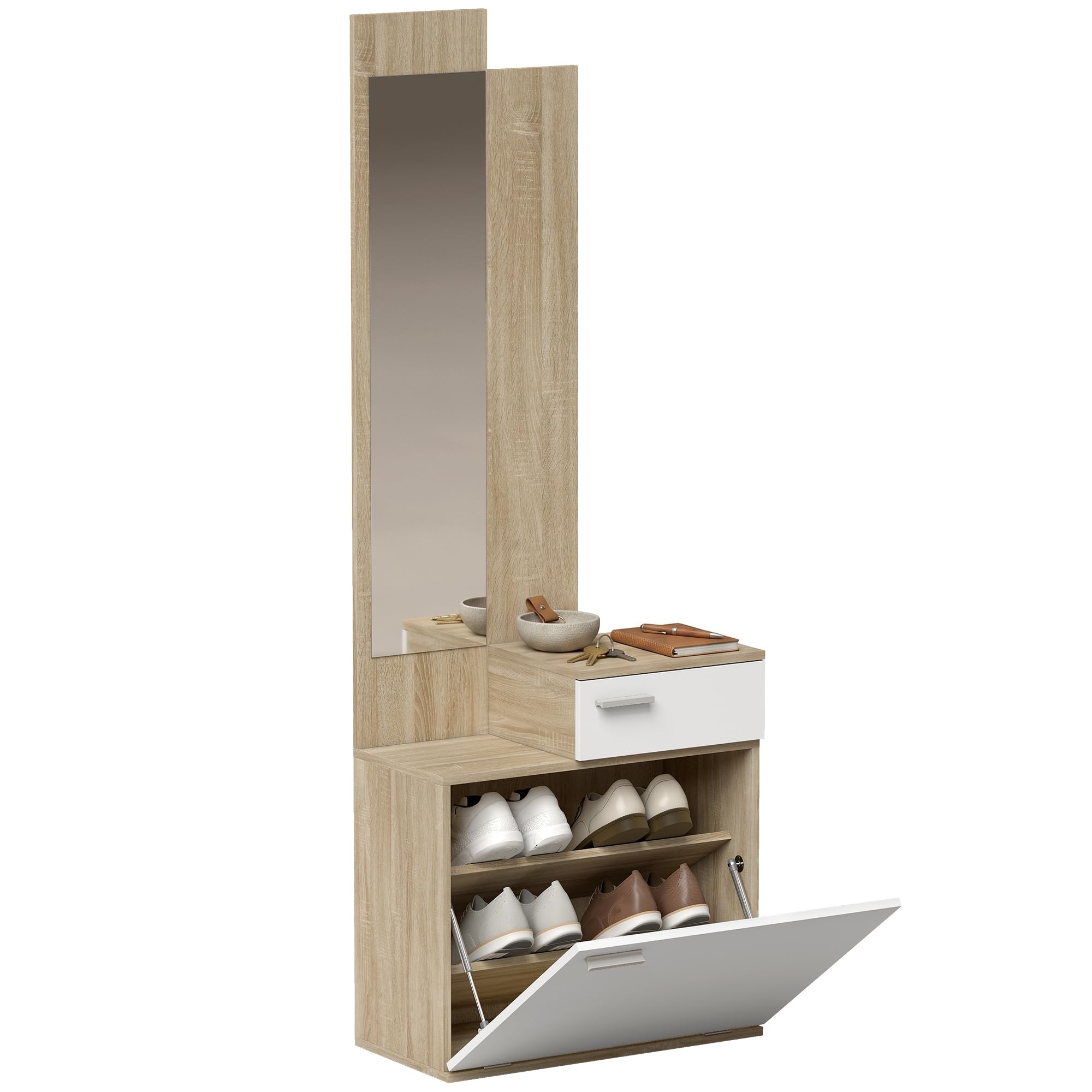 HOMCOM Recibidor de Entrada con Espejo Zapatero Abatible 61x30x170cm Blanco | Mueble Recibidor de 2 Piezas, Asiento, Cajón, Mesa Pequeña para Pasillo
