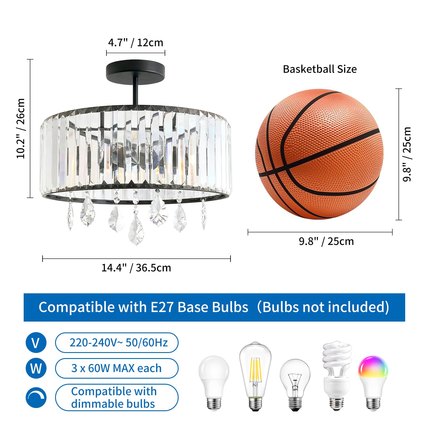 ANWIO Lámpara de Techo de Cristal, Lampara Salon Techo Cristal con 3 E27 Bases, Plafones de Techo Modernos Negro de Mayor Tamaño,Candeeiro Teto para Dormitorio, Cocina,Comedores(36.5CM, Sin Bombilla)
