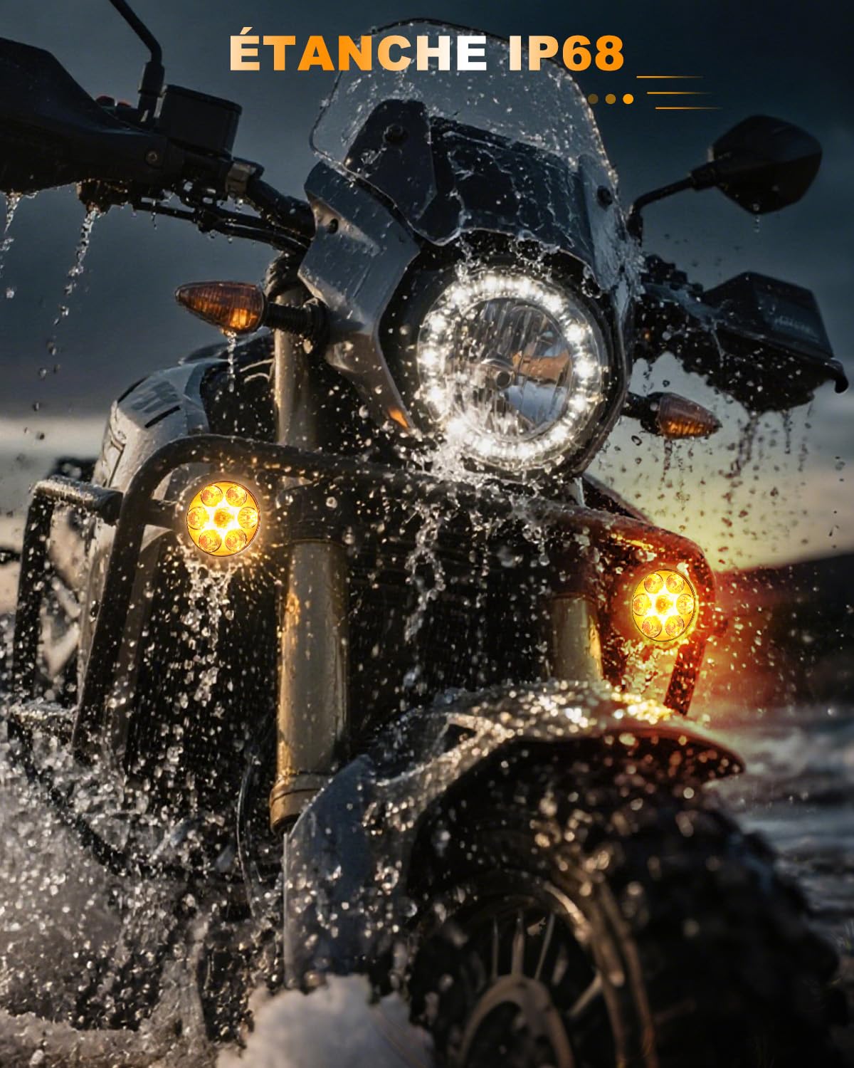 CO LIGHT Feux Additionnels Moto LED, 140W/2PCS Phares Antibrouillard Moto Stroboscope Phare Kit Capot Ambré Amovible Supports et Câblage Universel pour ADV Moto R 1250GS