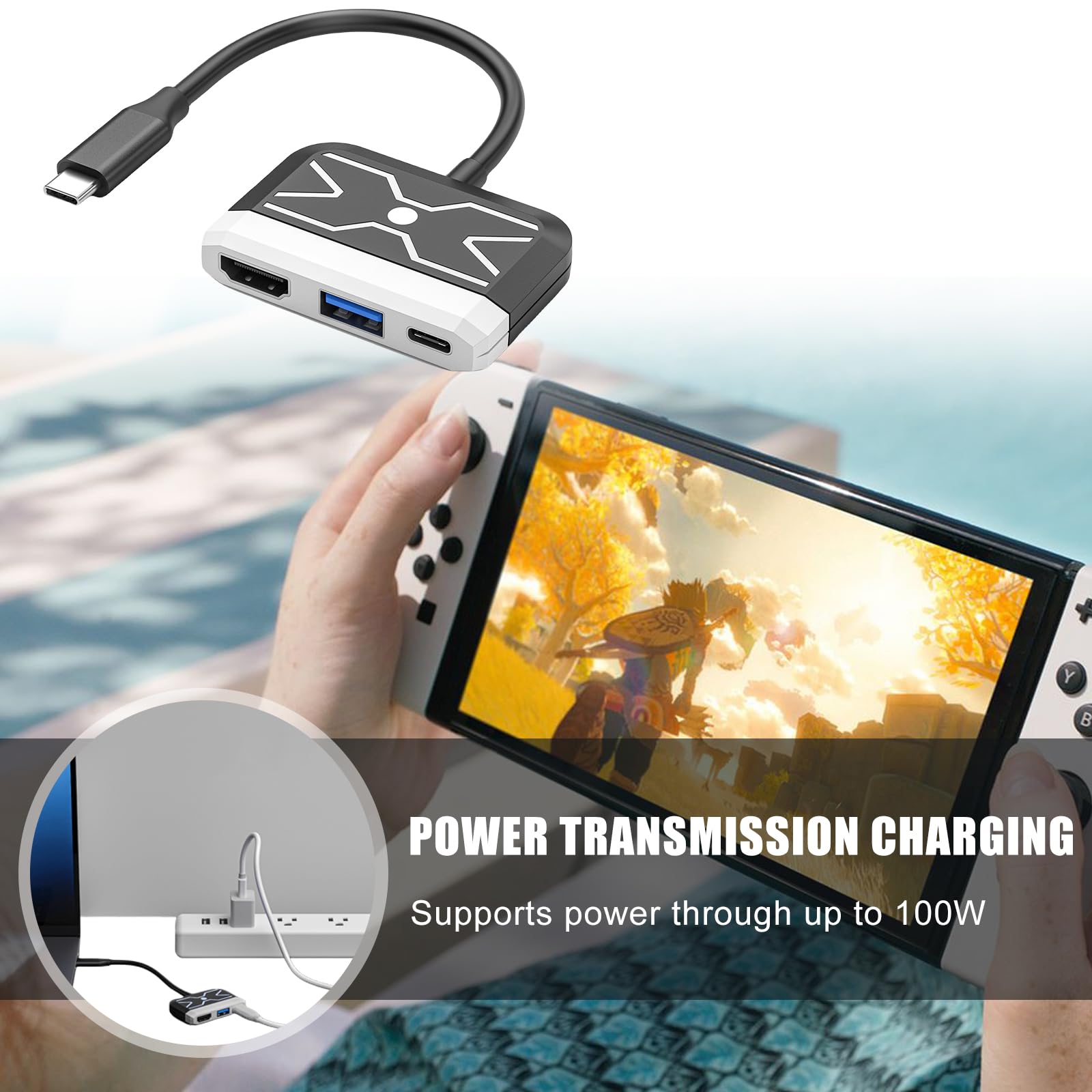 Station d'accueil Switch pour Nintendo Switch OLED, station d'accueil portable, adaptateur TV 3 en 1 avec HDMI 4K, port USB 3.0, charge de type C 100 W PD compatible avec Nintendo Switch/Switch OLED