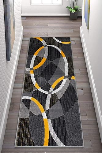 Swirls Circles - Alfombra abstracta moderna de color amarillo, gris, negro (2 pies x 7 pies)