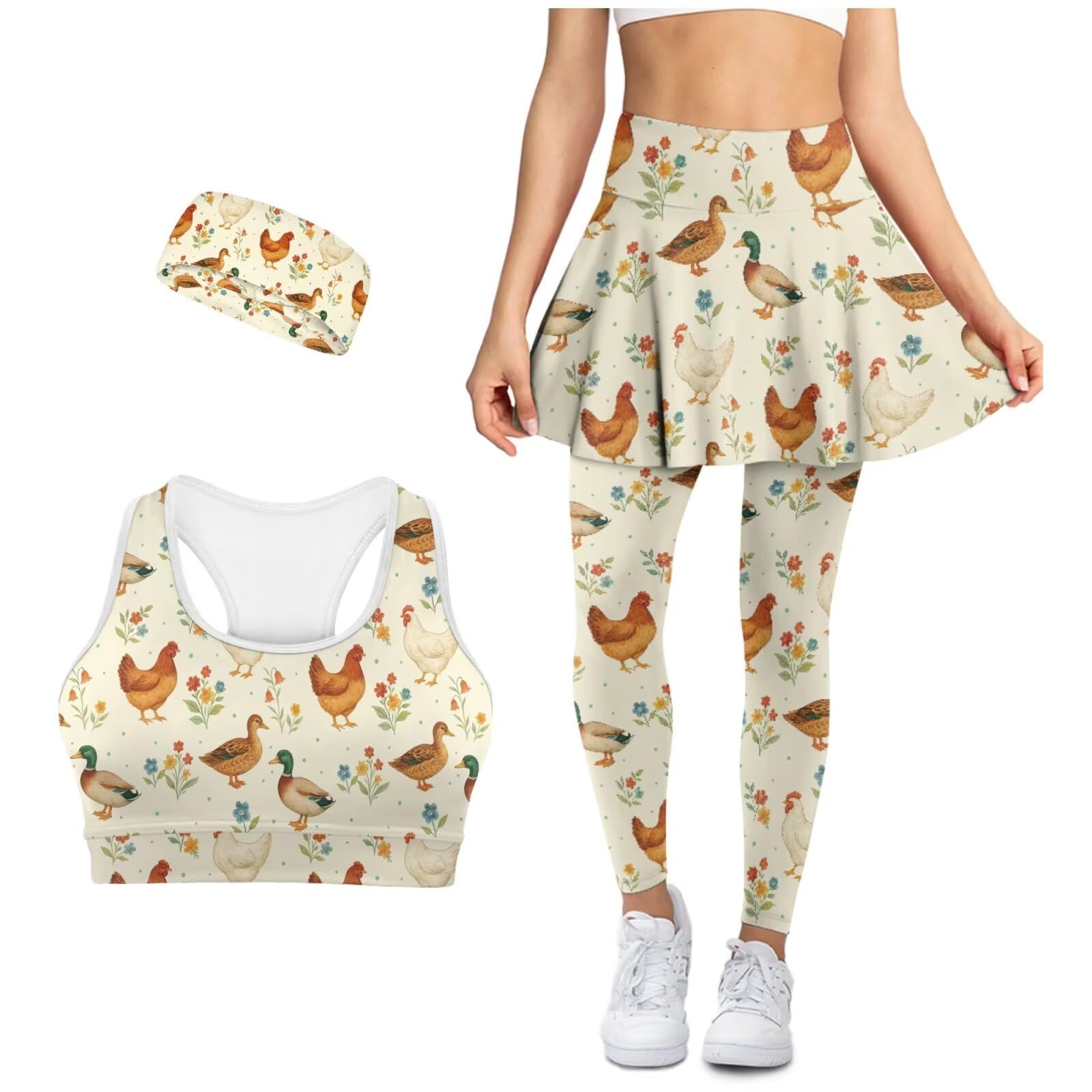 Workout Sets for Women Gym Yoga Outfits High Waist Athletic Skirt with Leggings Sports Bra with Pockets Headband