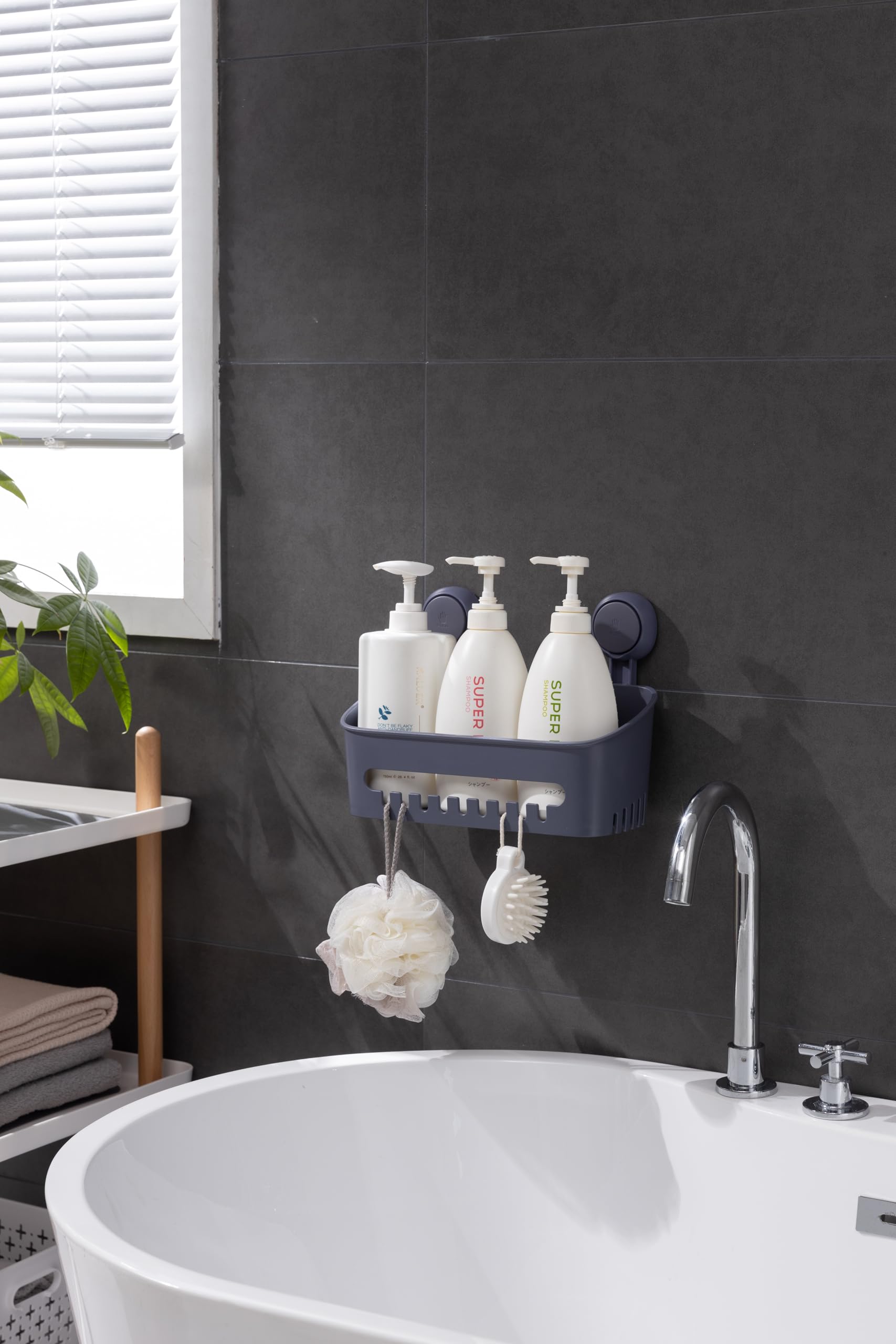 Zuvo Shower Caddy with Suction Cups – No Drill Bathroom Shelf for Shampoo and Toiletries, Rustproof Plastic Shower Organiser (Grey, Rectangle)