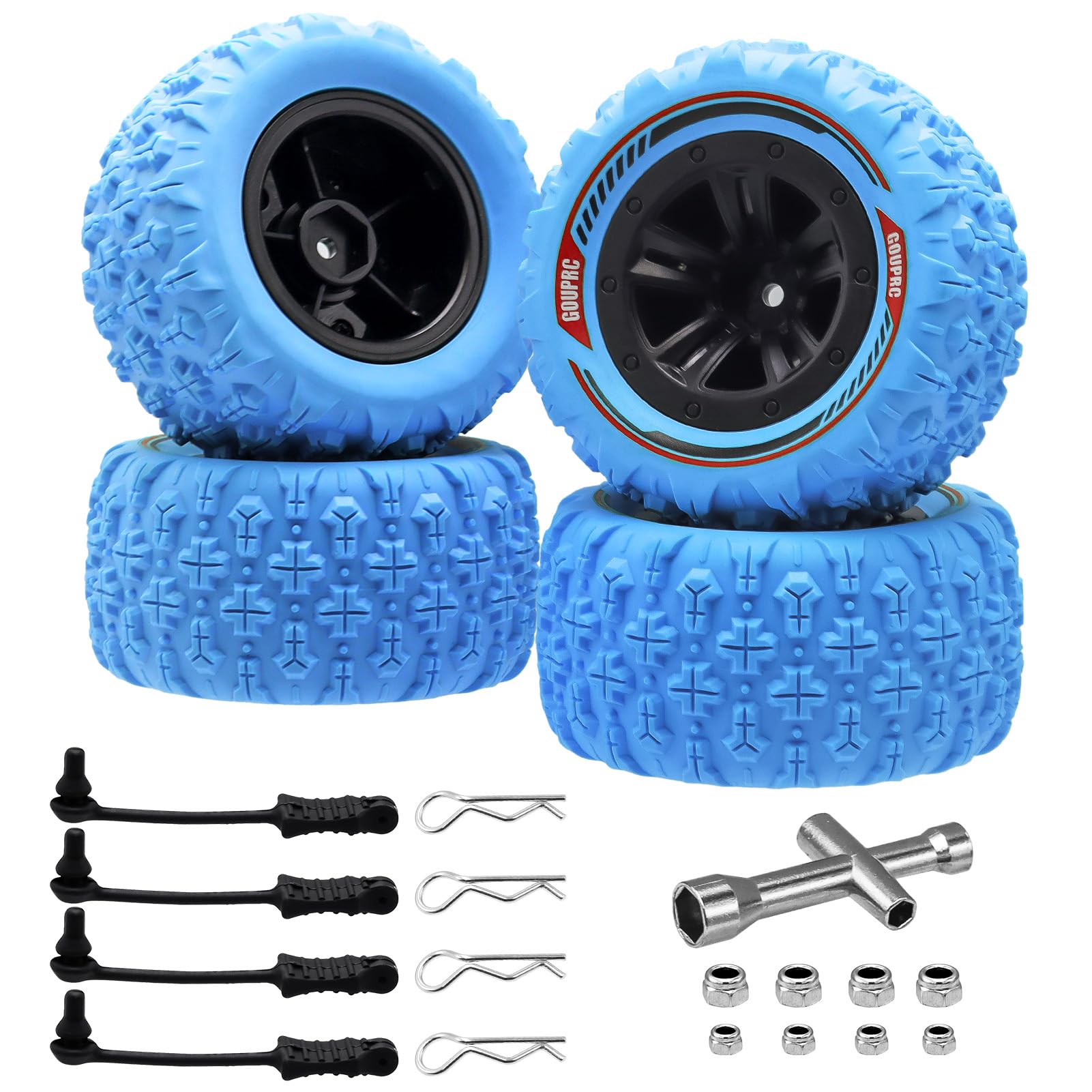 GOUPRC 12mm Hex RC Wheel Tires with Hood Pins Retainer Lock Clip Kit, 3.26 * 1.67 Inches 4PCS Swamp Claw Mud Terrain Tires Accessories for 1/14 1/16 RC Car Crawler Buggy Truck