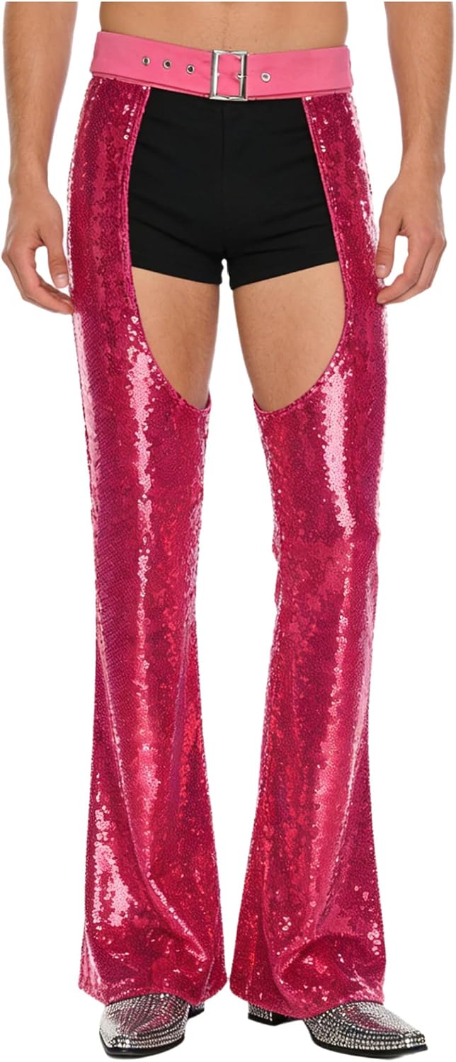 Jugaoge Men's Glittery Sequin Vintage Cowboy Chaps Assless Yoke Split Motorcycle Disco Dance Pants