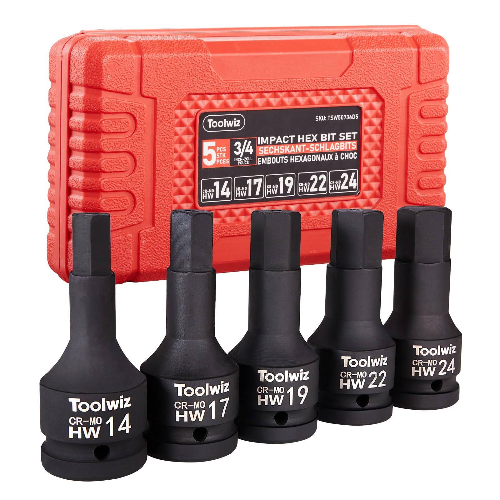 Toolwiz 3/4 Inch Drive Impact Hex Bit Set, 5-Piece Metric 14mm-24mm, Cr-Mo Steel, One-Piece Construction, Professional Automotive Impact Bit Socket Set, Heavy Duty PVC Storage Case