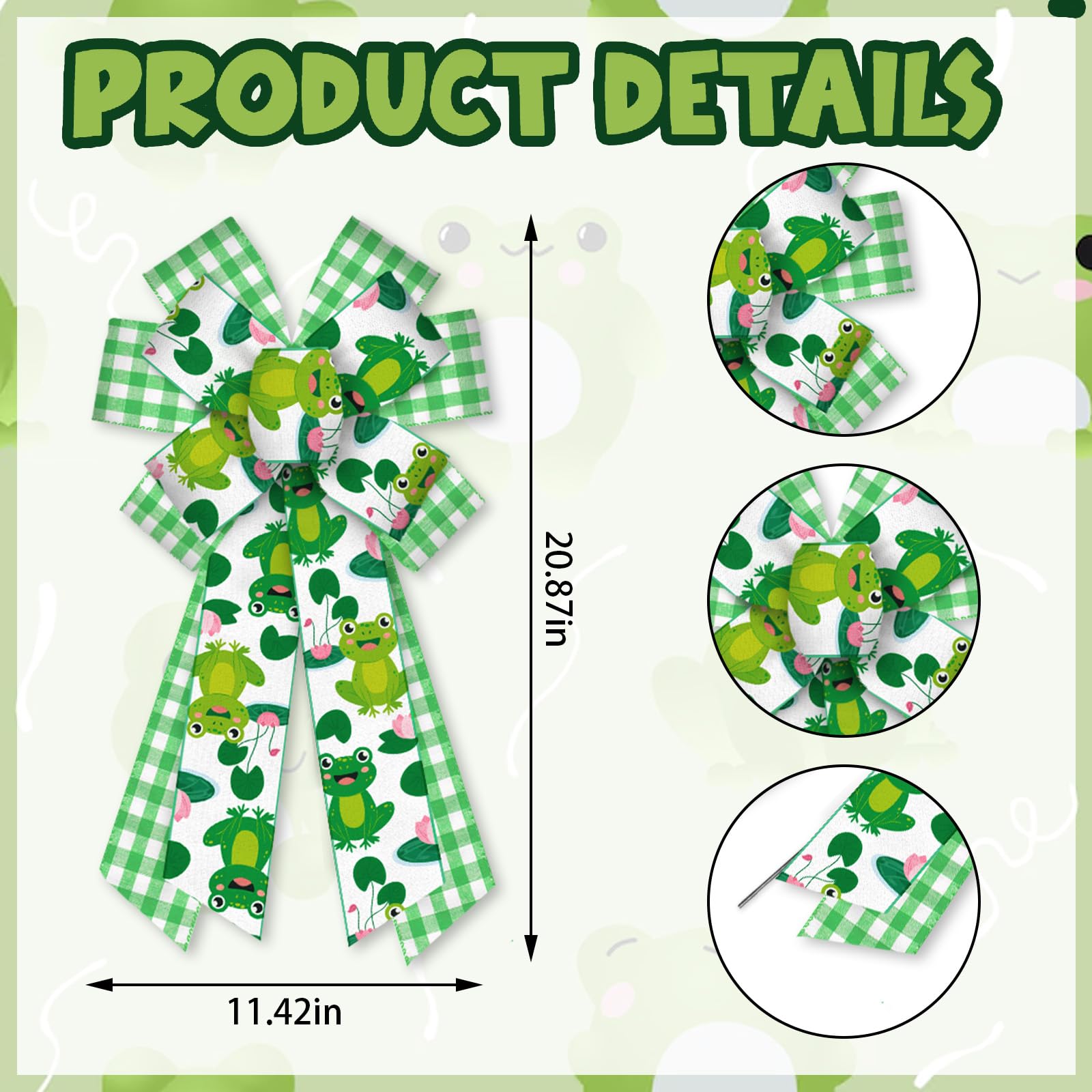 On-Airstore Large Summer Frog Wreath Bows Cartoon Animal Burlap Bows for Wreath, Green Buffalo Plaid Ribbon Bows Frog Decor Bows for Back to School Indoor Outdoor Decoration Wreath Ornament Supplies