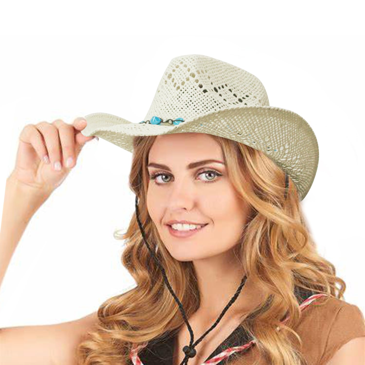 White Straw Cowboy Hat for Women with Beaded Trim and Shapeable Brim