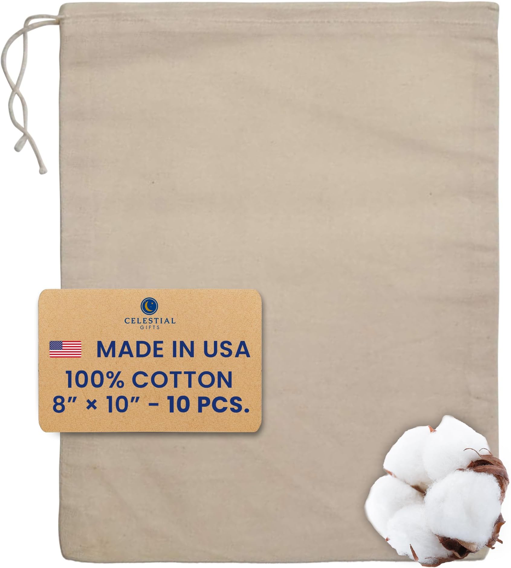 Celestial Gifts Muslin Bags with Drawstring 10pcs, 8x10 - Large Drawstring Bags Bulk - Drawstring Gift Bags for Party Favor and DIY Craft - 100% Cotton - Made in USA - (Natural Hem & Drawstring)