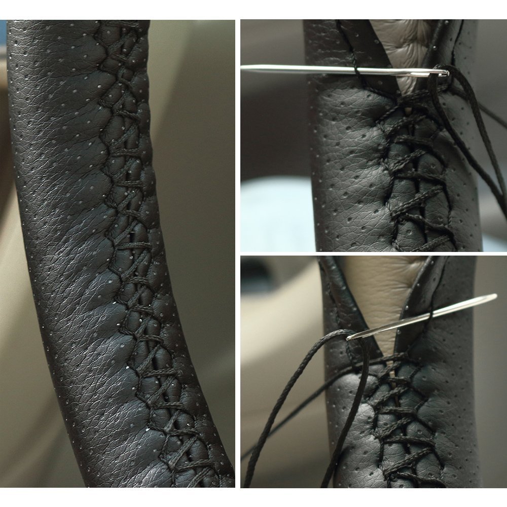 SZSS-CAR Universal Microfiber Leather Auto Car Steering Wheel Cover Anti Slip 15'' Stitch on Wrap Cover with Needle Thread (Black-Black Thread)