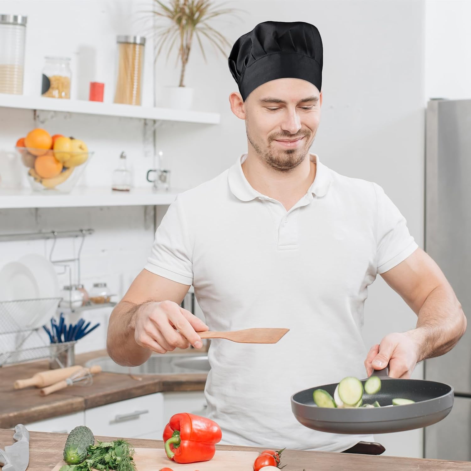 TIESOME 2PCS Chef Hat Adjustable Elastic Baker Kitchen Cooking Chef Cap, Reusable and Washable Durable Pure Cotton Cook Cap (Cotton, Black+White), Medium