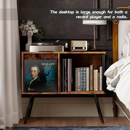 Miniatura 5 de Soporte para Tocadiscos con Tapa Abatible, Mesa Grande para Tocadiscos con Almacenamiento Abierto con Capacidad para hasta 150+ Álbumes, Soporte
