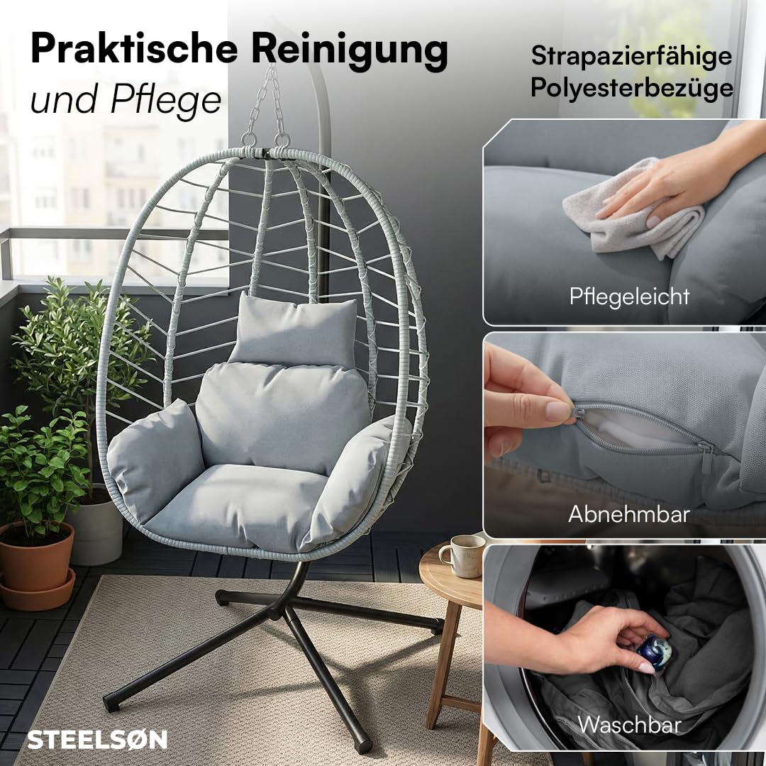 STEELSØN Alarian Hängesessel mit Gestell – Hängestuhl Rattan Outdoor & Indoor mit Kissen – Hängekorb Grau höhenverstellbar – Gartenschaukel für Erwachsene & Kinder – Hanging Chair faltbar bis 150kg