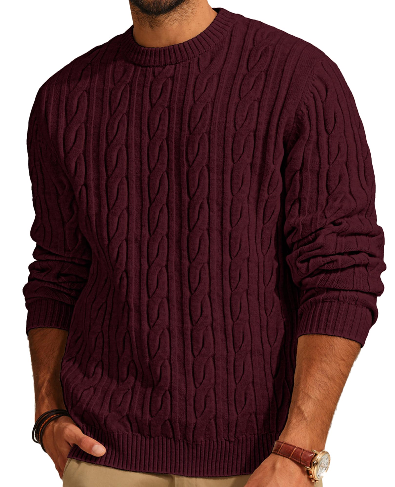Photo 1 of PJ PAUL JONES Mens Sweater Casual Cable Knit Crewneck Pullovers Long Sleeve Red L