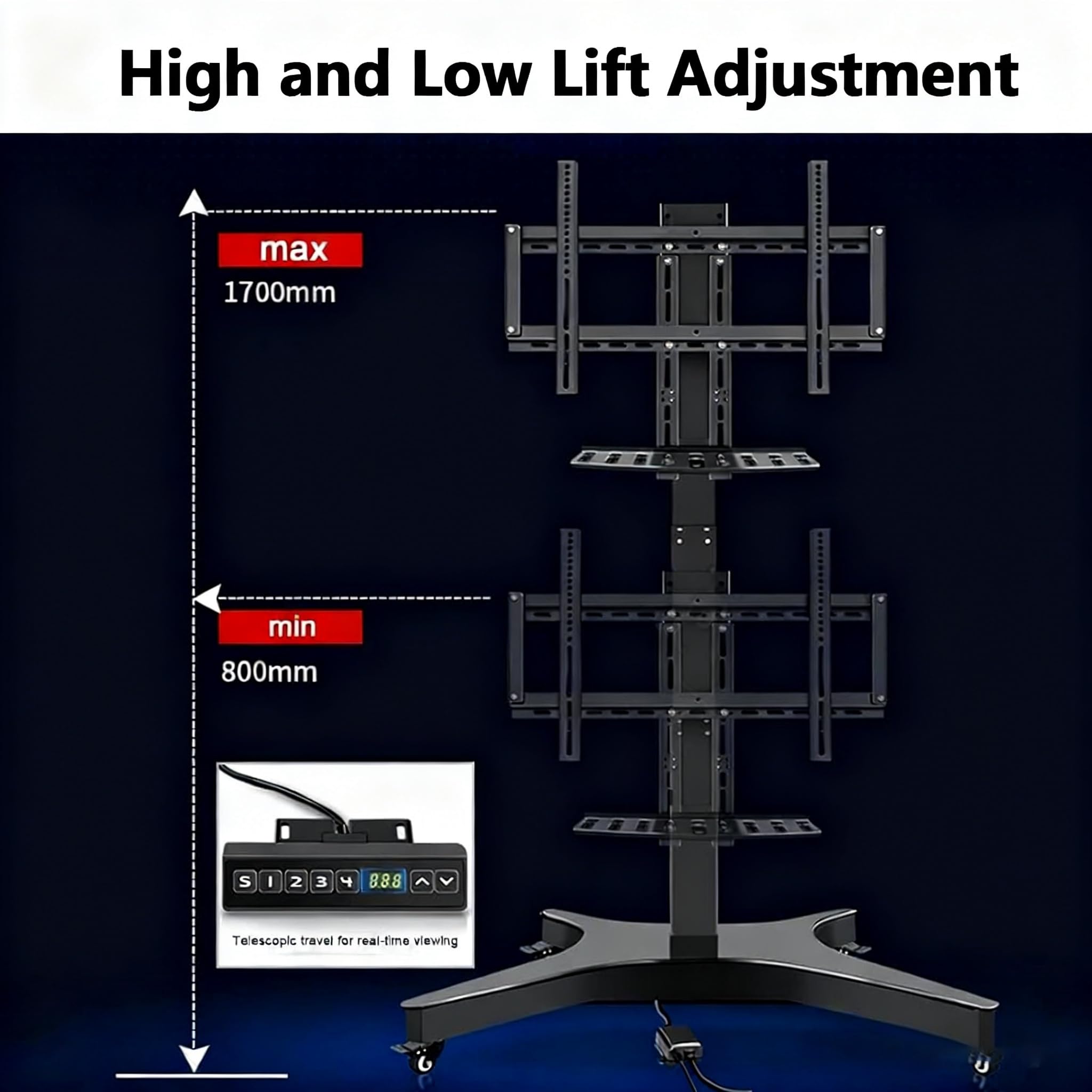 Soporte eléctrico para TV móvil de Altura Ajustable con Ruedas, Soporte de Suelo para TV LCD, Elevador telescópico con elevación automática, función de Memoria de Altura de 3 Niveles, Soporte rodante