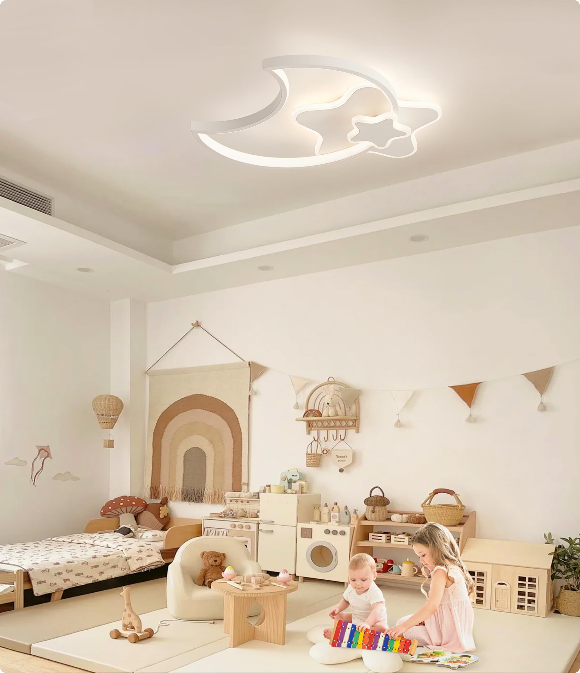 45CM 34W Lampara Infantil Techo, Lámpara de techo Luna LED Regulable con Control Remoto 3000-6000K, Lámpara LED de Estrella Luces para habitacion de bebé Plafon Led Techo para Dormitorio