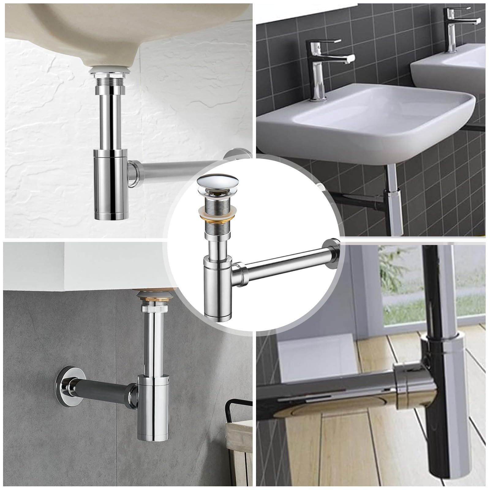 Siphon de Lavabo, Siphon Lavabo Salle De Bain Sans Trop-plein, Réglable Siphon Universel Avec Robinet de Vidange à clapet, Siphon Tubulaire en Zinc Pour Lavabo de Salle de Bain, Chromée