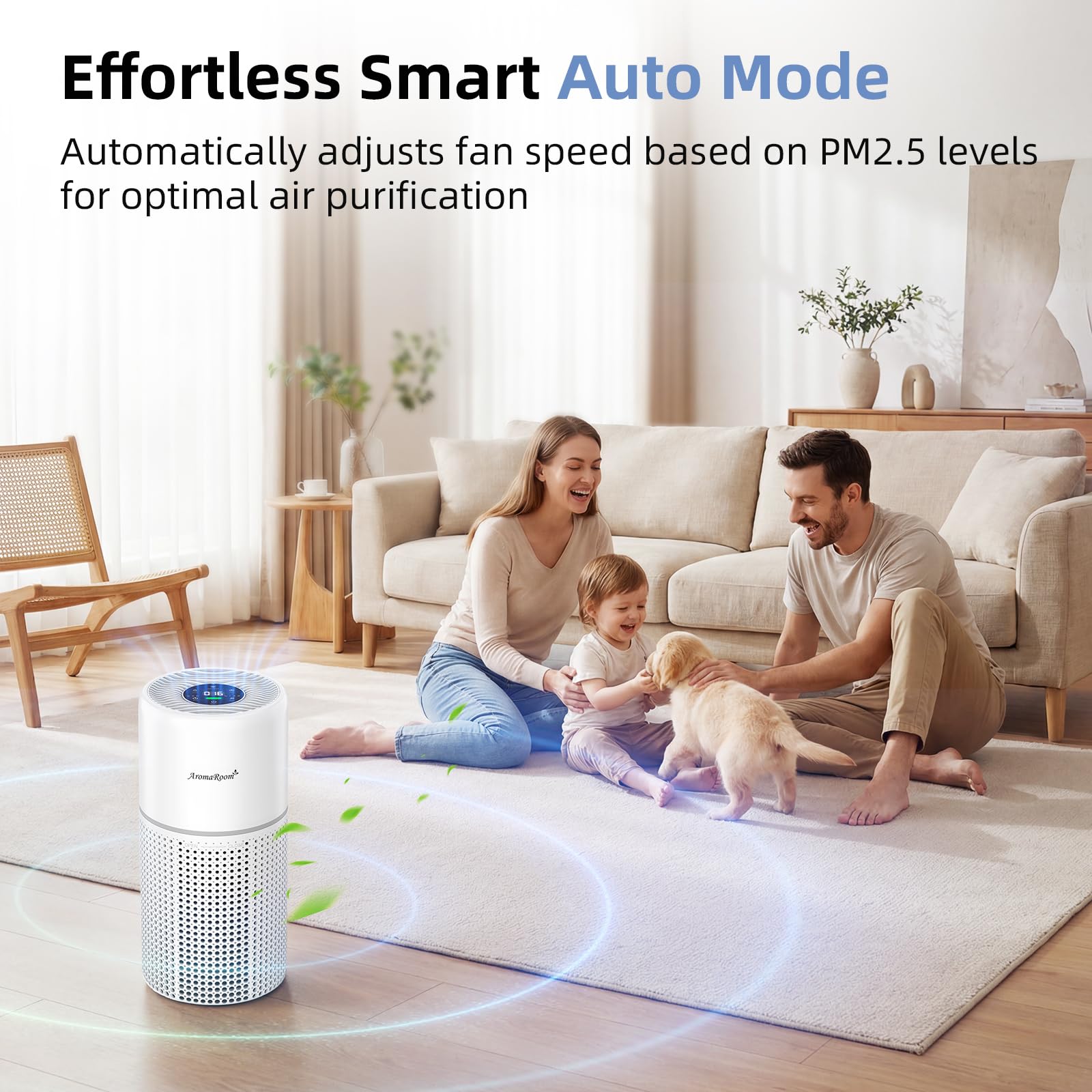AromaRoom - Purificatori d'aria per grandi stanze domestiche, filtro HEPA, modalità di sospensione silenziosa da 22 dB, modalità automatica intelligente, monitor PM2.5 in tempo reale e blocco bambini