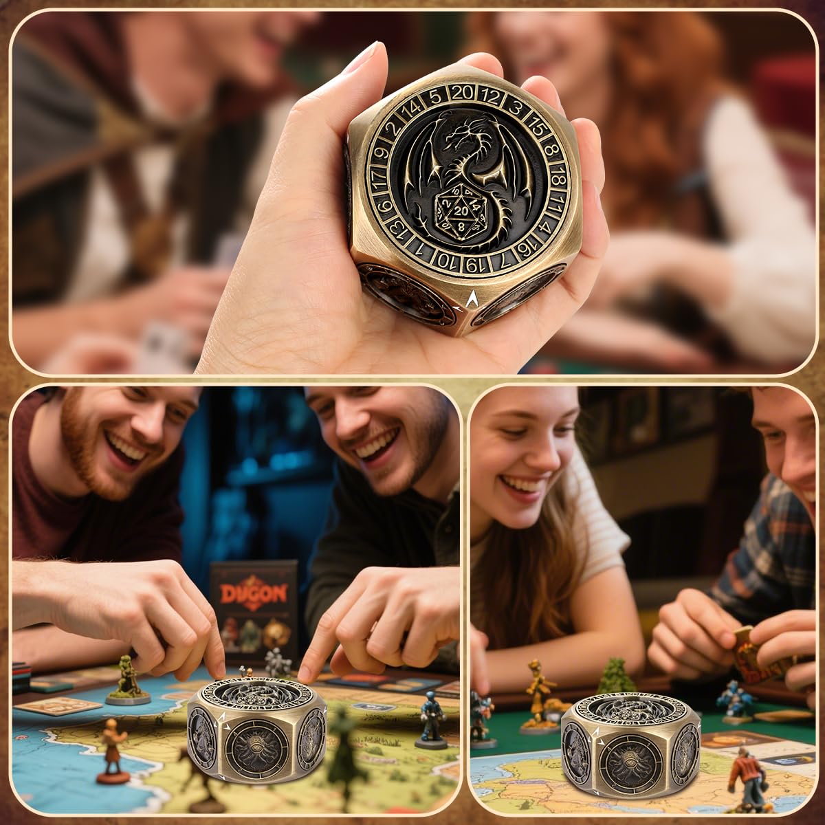 Set de Dés Rotatifs DND, 7-en-1 Métal Dés Spinner, Design Relief 3D Hexagone-8 Côtés, Dés Polyédriques Rotatifs pour Jeux de Rôle, Cadeaux D&D avec Boîte Cadeau, Accessoires de Jeux de Société, Bronze