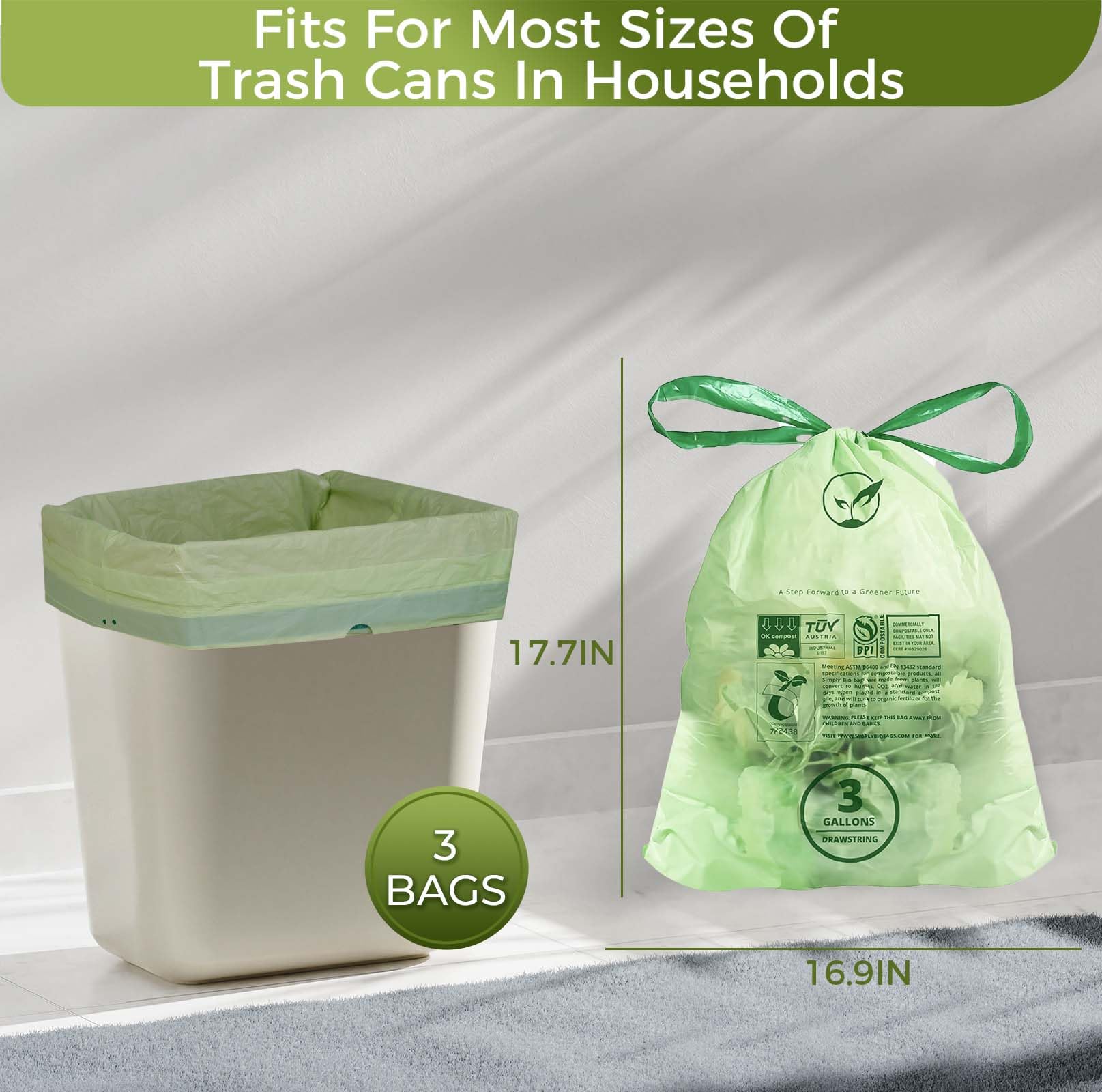 Bolsas de basura compostables de 3 galones con cordón, resistentes, extragruesas de 1 mil, 11.35 litros, 50 bolsas, pequeñas bolsas de residuos de comida de cocina, ASTM D6400, certificación US BPI y